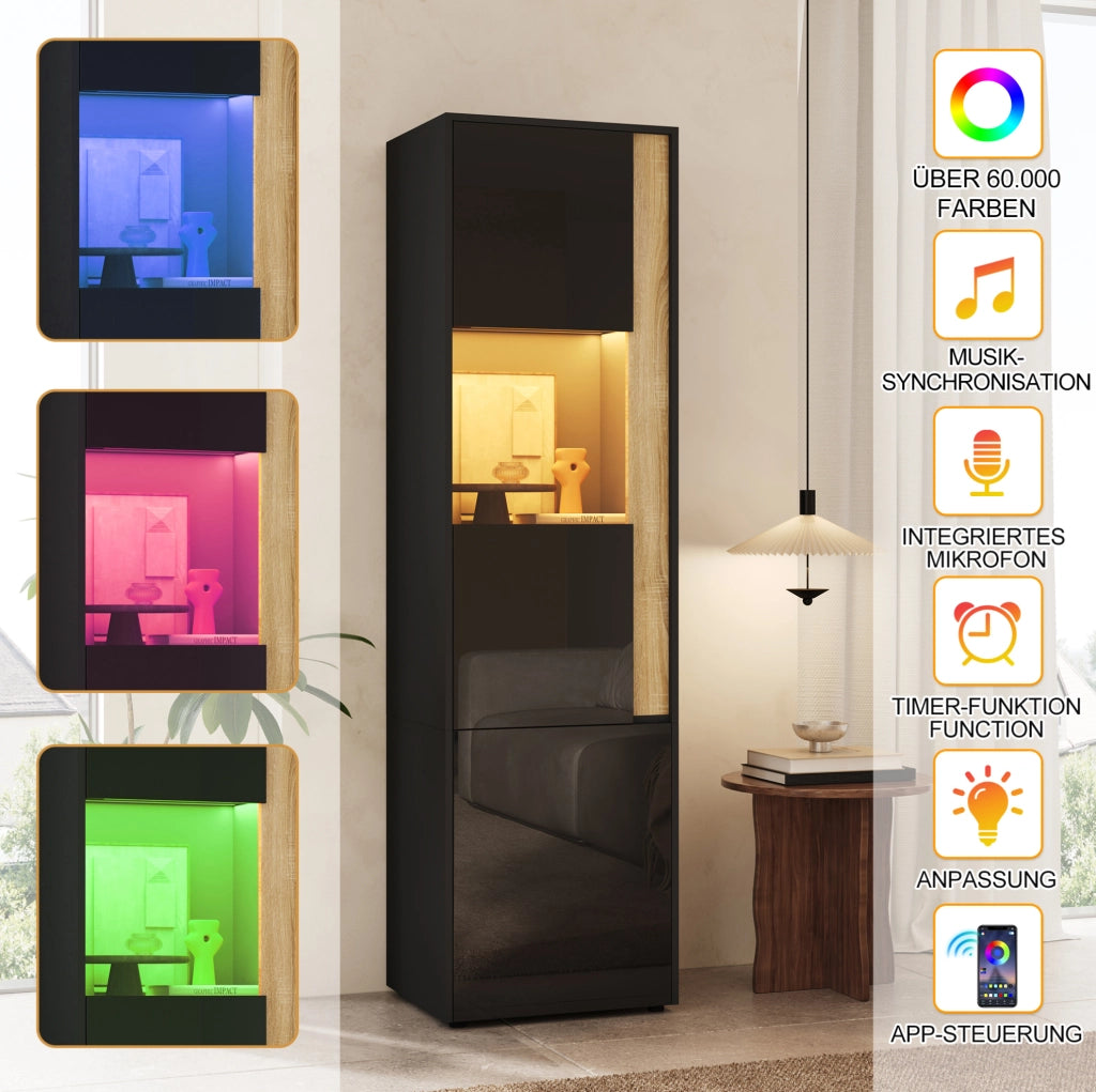 Mobile alto con illuminazione LED e 2 ante, nero e naturale