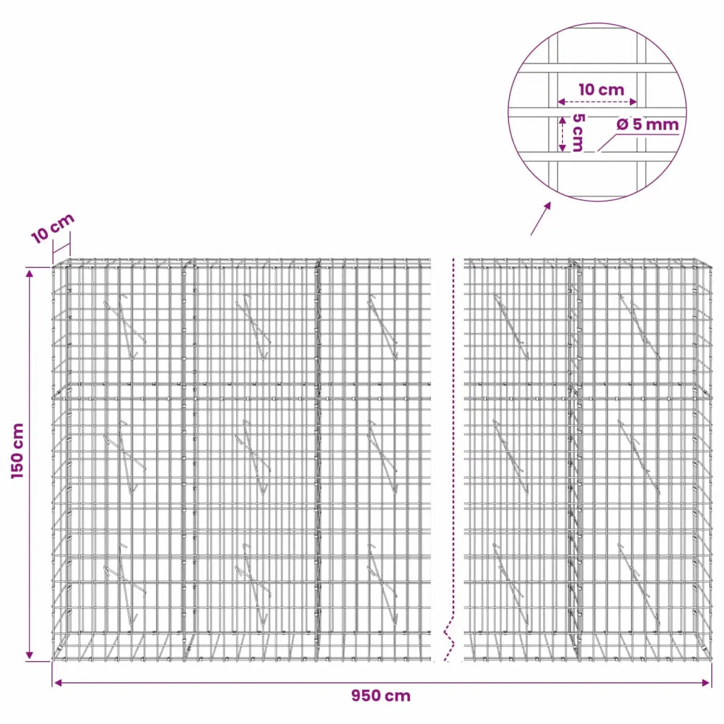 Gabione con Filo da 5 mm e Rete da 5x10 cm 950x10x150 cm 3464485