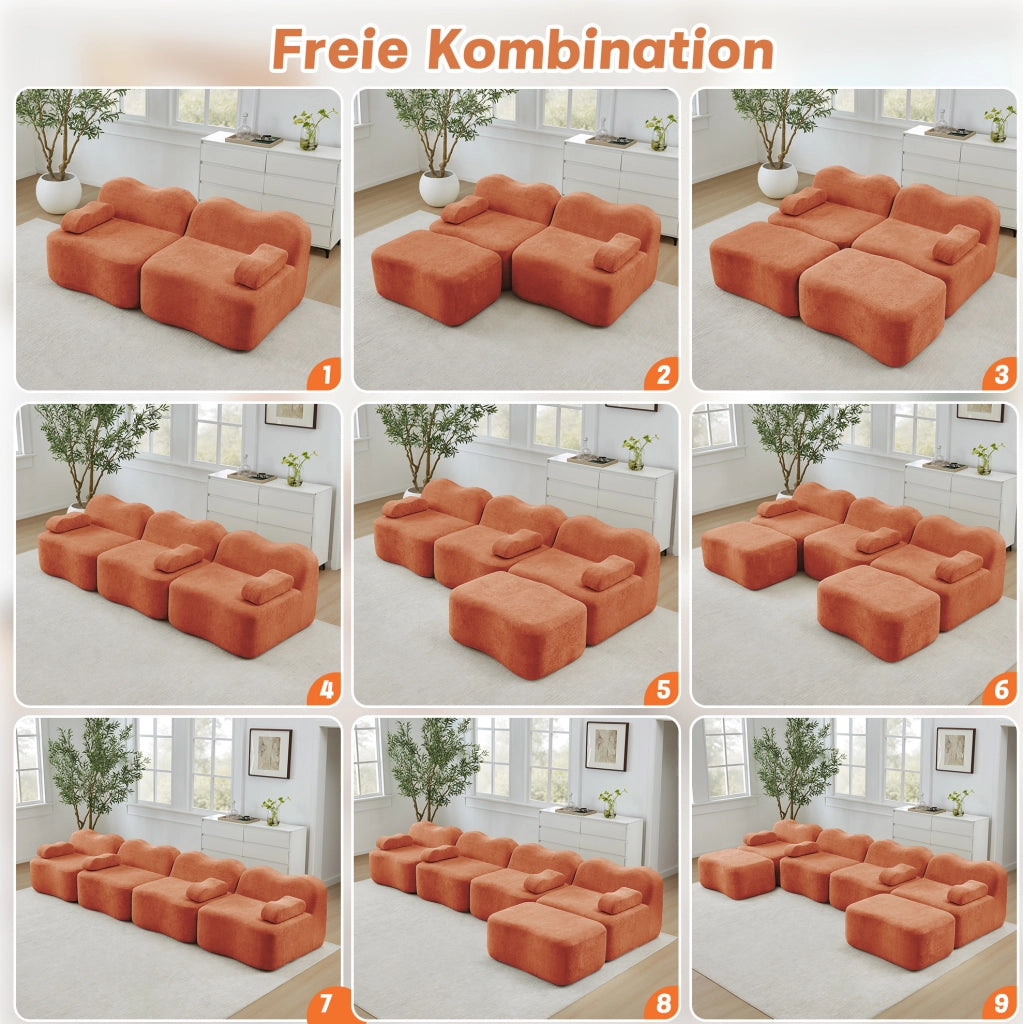 Divano angolare modulare arancione in velluto con pouf