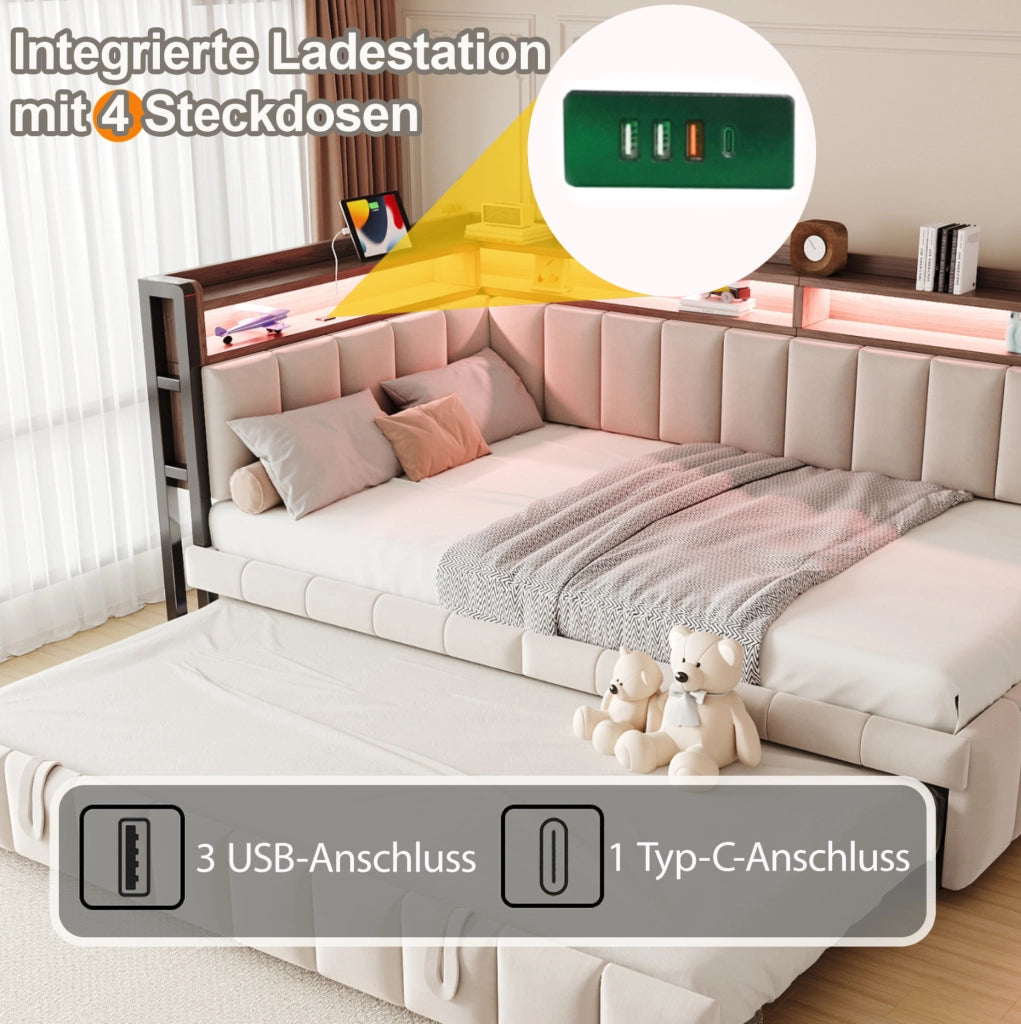 Divano letto estraibile 90x200 beige con LED, USB e Type-C