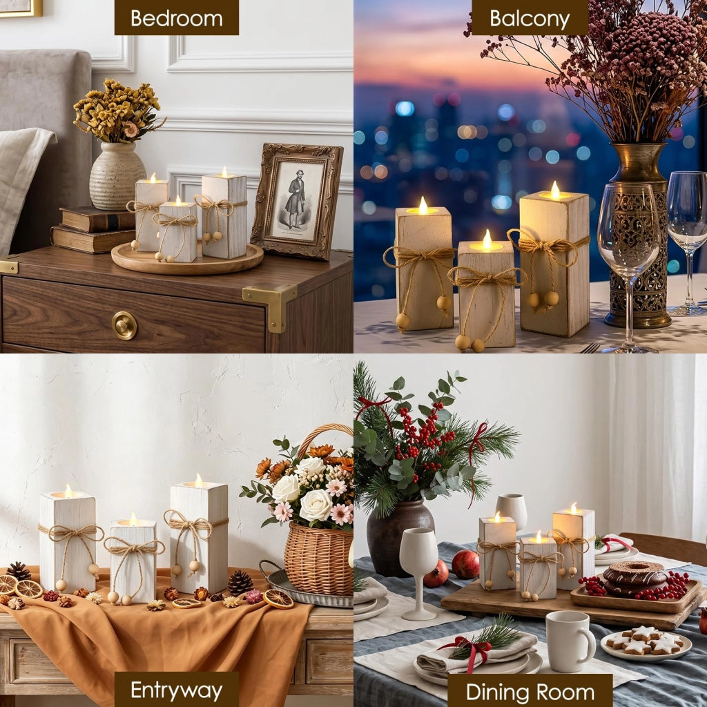 Candele portacandele in legno, set da 3, colore bianco, stile rustico