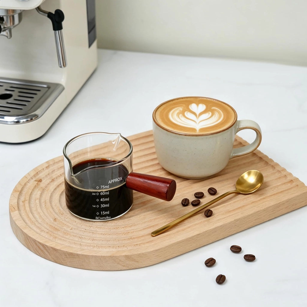 Bicchiere espresso da 75 ml con beccuccio doppio e manico in legno