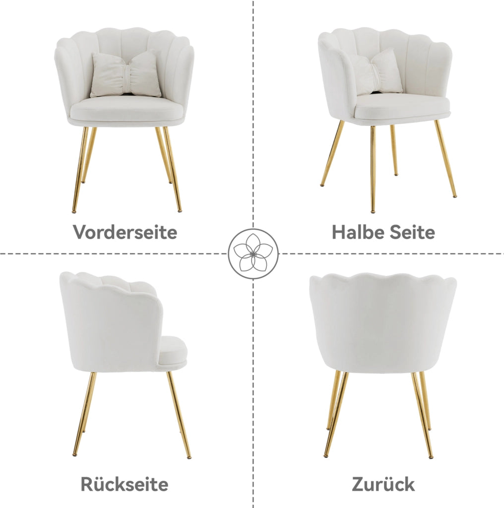 Poltroncina in velluto beige con schienale a petalo e gambe dorate