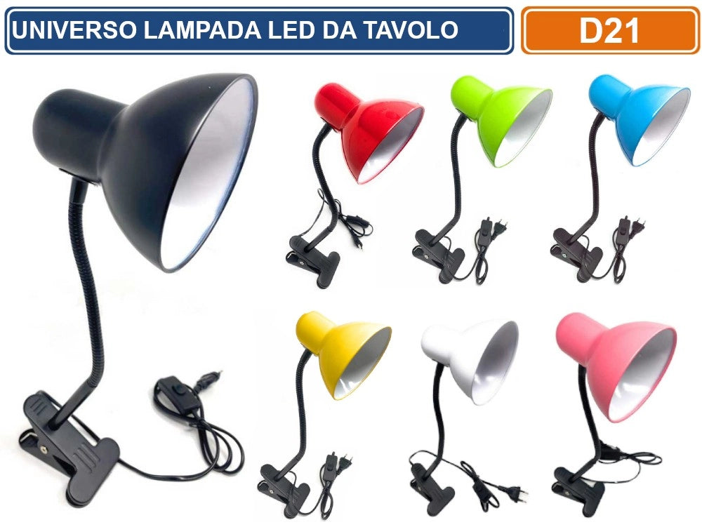 LAMPADA DA TAVOLO CON CLIPS DI FISSAGGIO E BRACCIO FLESSIBILE ATTACCO E27 DISPONIBILE CON COLORI ASSORTITI - Colore Struttura:Bianco
