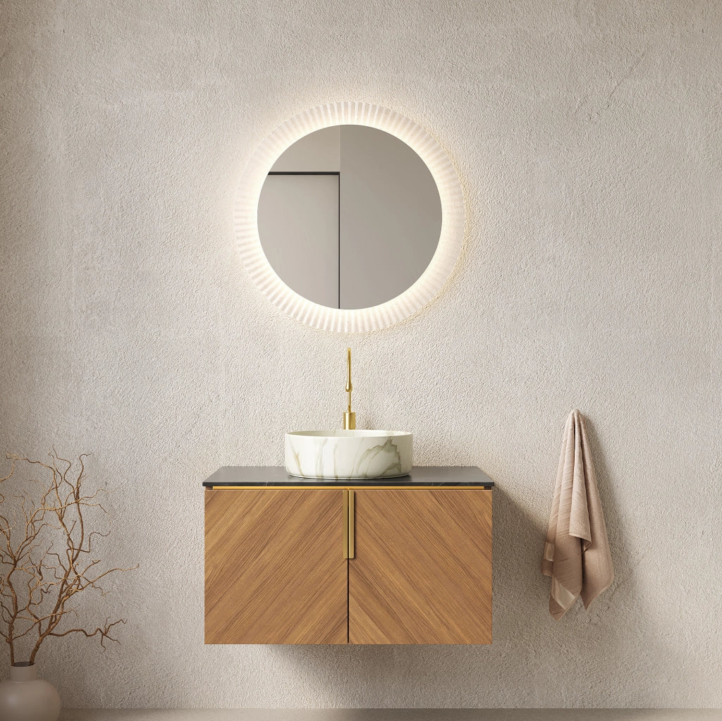 Mobile lavabo sospeso 76 cm, lavabo ceramica bianca, top nero, compensato marrone