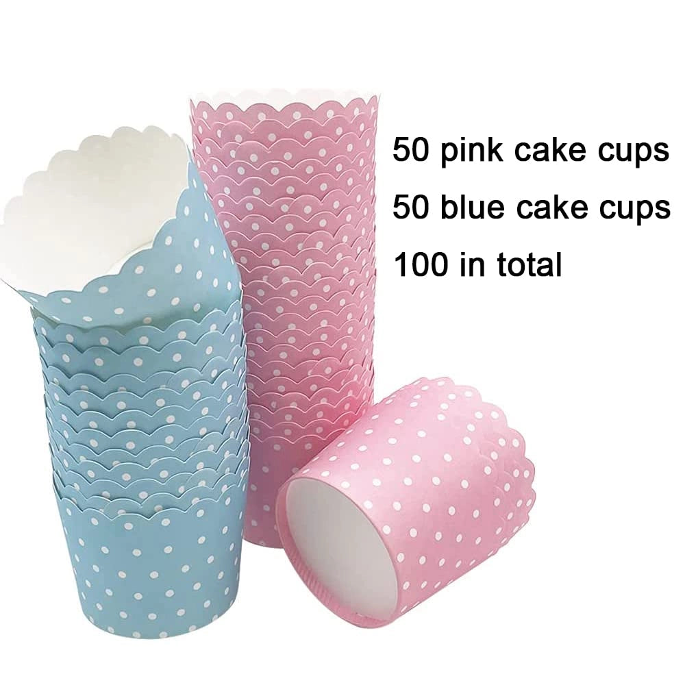 100 stampini di carta per cupcake, con pois, blu/rosa