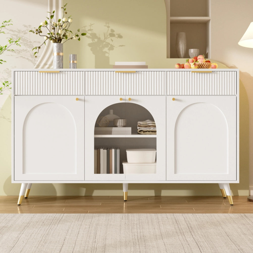 Credenza bianca 140 cm con 4 ante acriliche e 3 cassetti