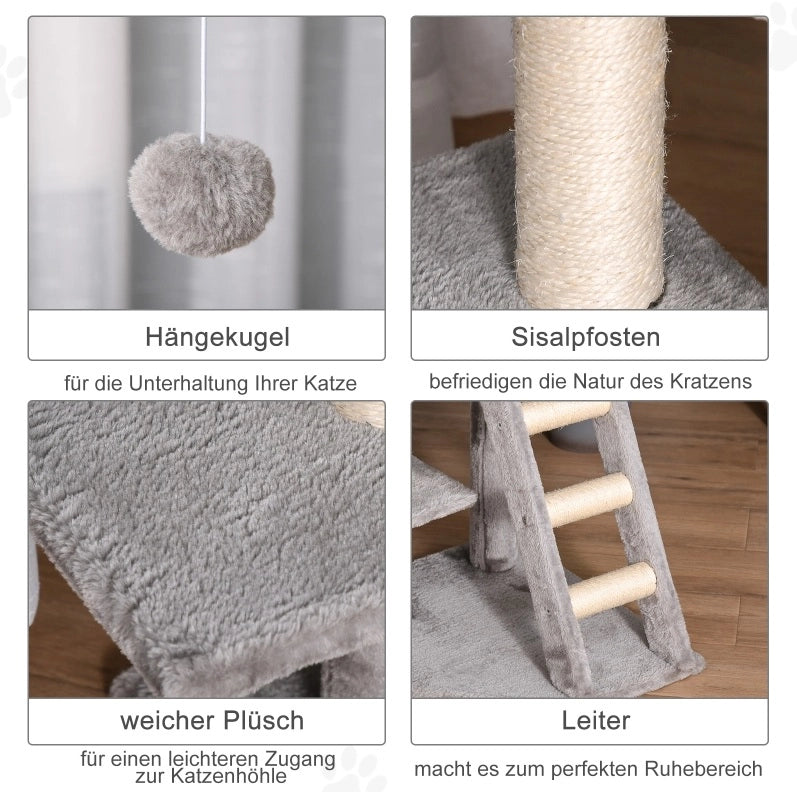 tiragraffi ad albero 120 cm grigio chiaro in peluche con cuccia, piattaforme e sisal