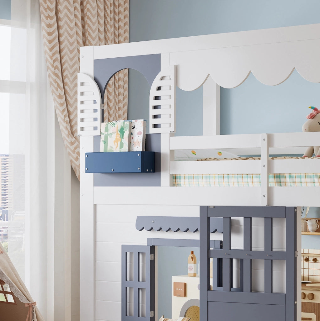 Letto rialzato per bambini 90x200 cm a casetta bianco e blu con scala contenitore