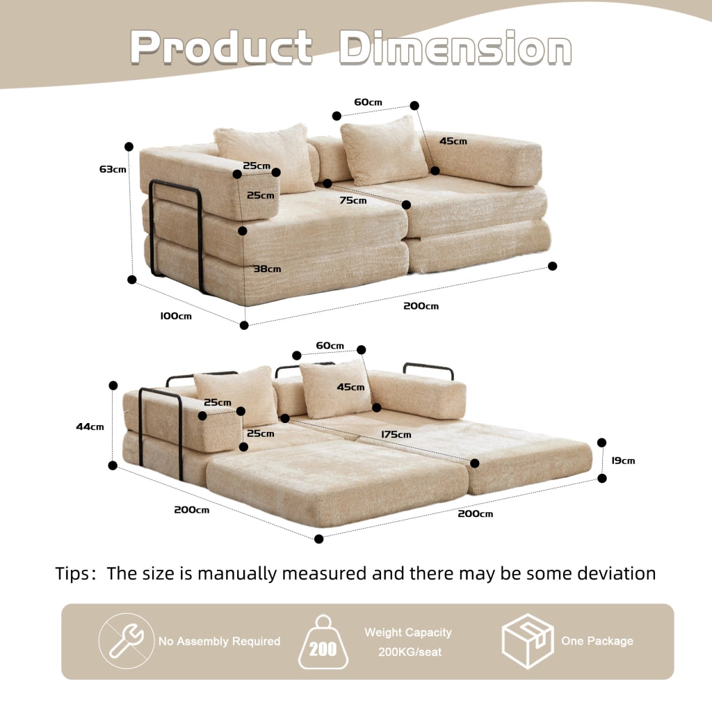 Divano letto modulare pieghevole in ciniglia beige, senza montaggio