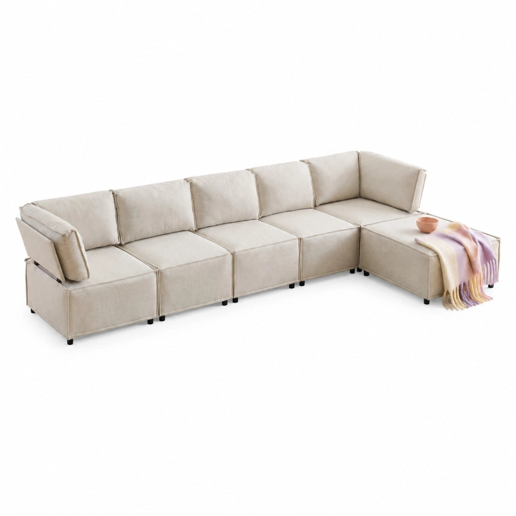 DIVANO angolare modulare 308x152x77 cm a 6 moduli beige con struttura in legno