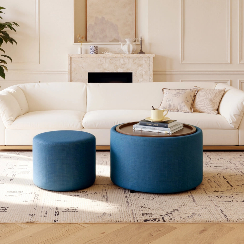Pouf contenitore impilabili 58 cm blu in lino, piano in legno, set da 2