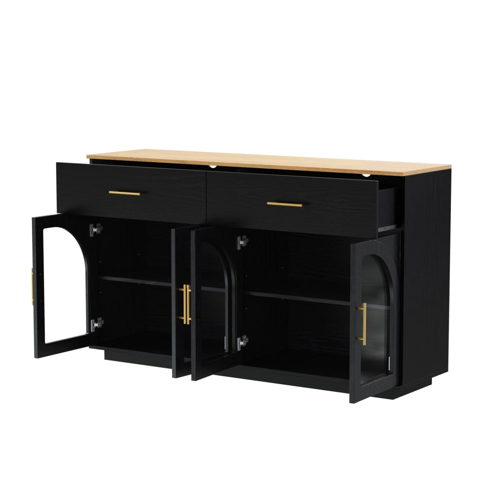 Credenza da cucina con LED, 2 cassetti e 4 ante, nero e naturale