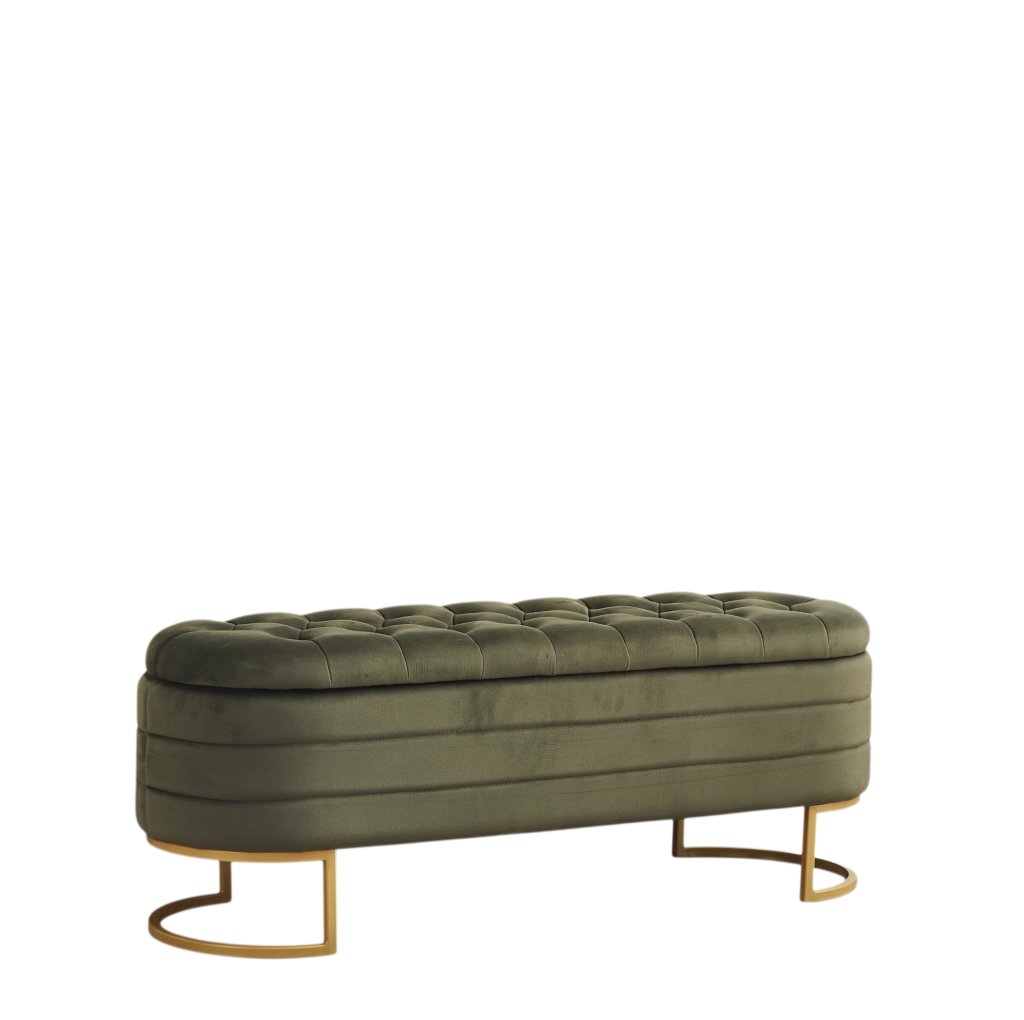 Panca contenitore 120x40x45 cm in velluto verde capitonné per camera