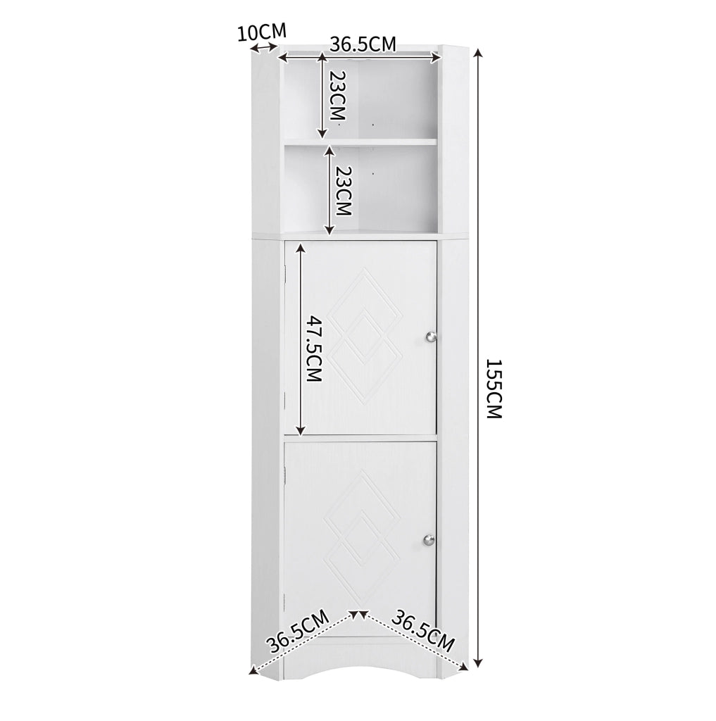 Mobile Angolare per Bagno con 2 Ripiani e Ripiano Regolabile, Bianco, 36,5 x 36,5 x 155 cm