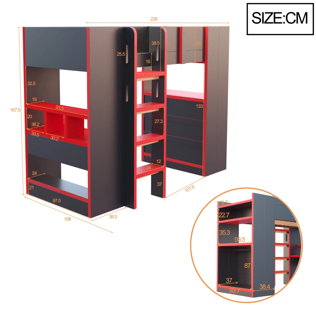 Letto a soppalco 90x200 cm con scrivania, LED e prese in pino, compensato e MDF nero e rosso