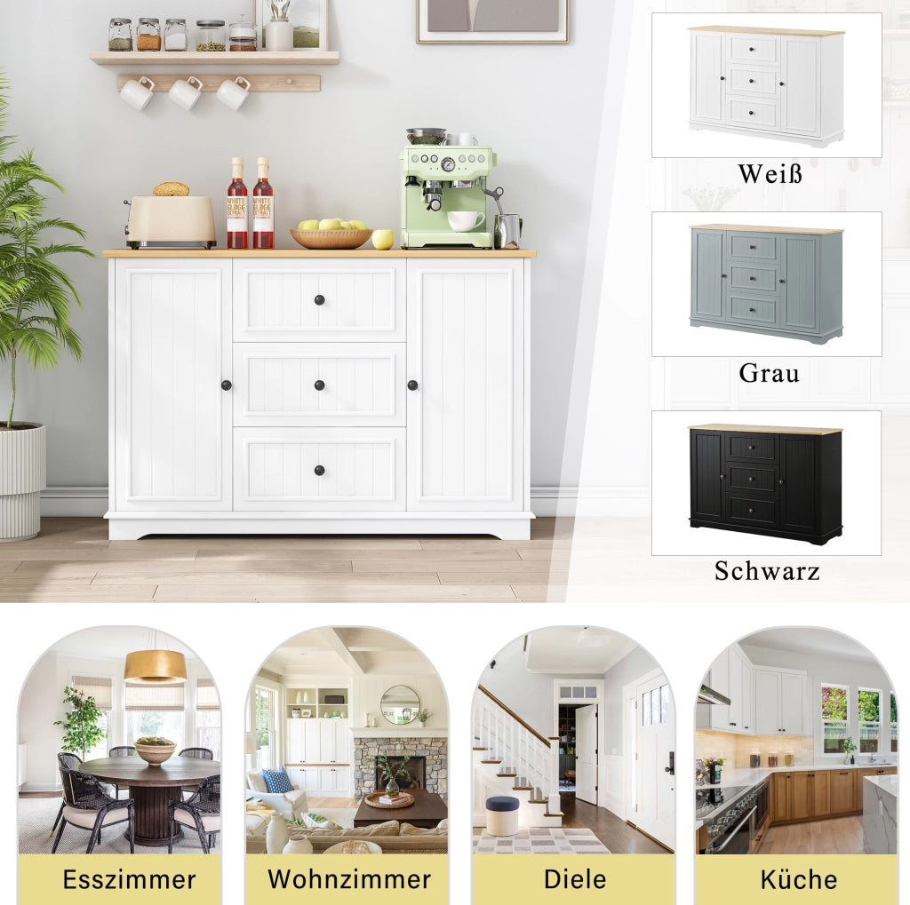 CREDENZA 126x40x86 cm in MDF bianca con 3 cassetti e ripiani regolabili
