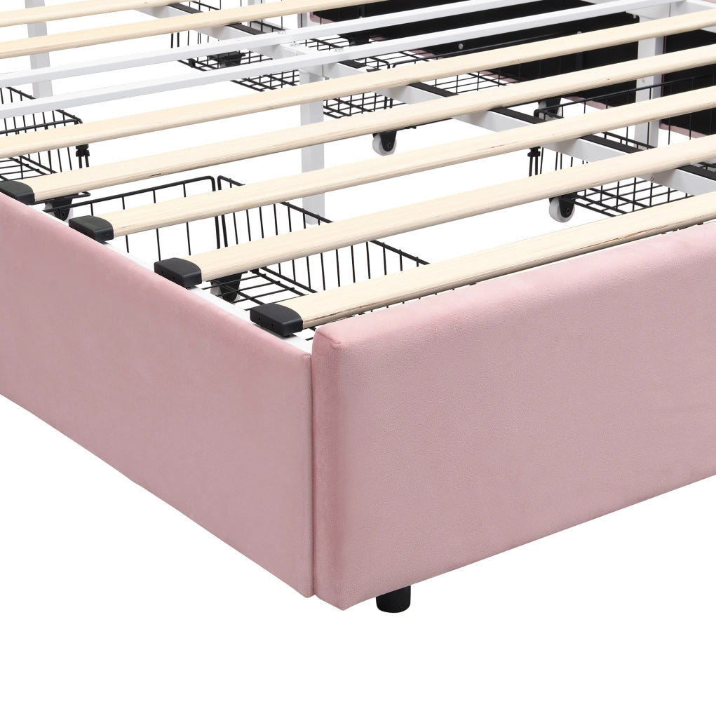 Letto imbottito per bambini 140 x 200 cm rosa con 4 cassetti e LED