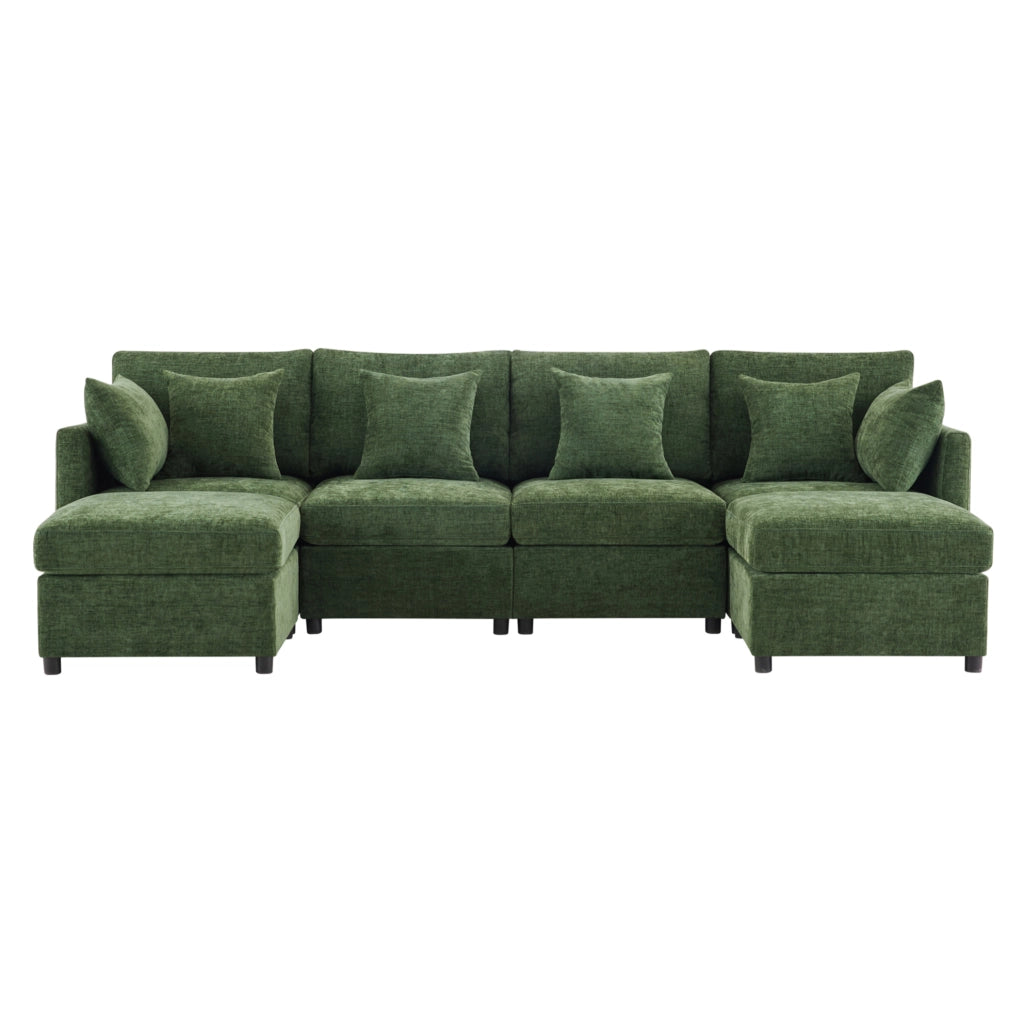 DIVANO modulare 4-6 posti 278x161x81 cm in chenille verde con 2 pouf e 6 cuscini