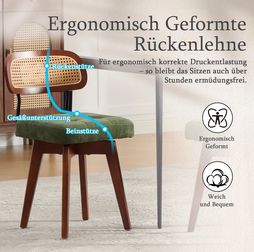 Sedia girevole verde in ciniglia con schienale in rattan