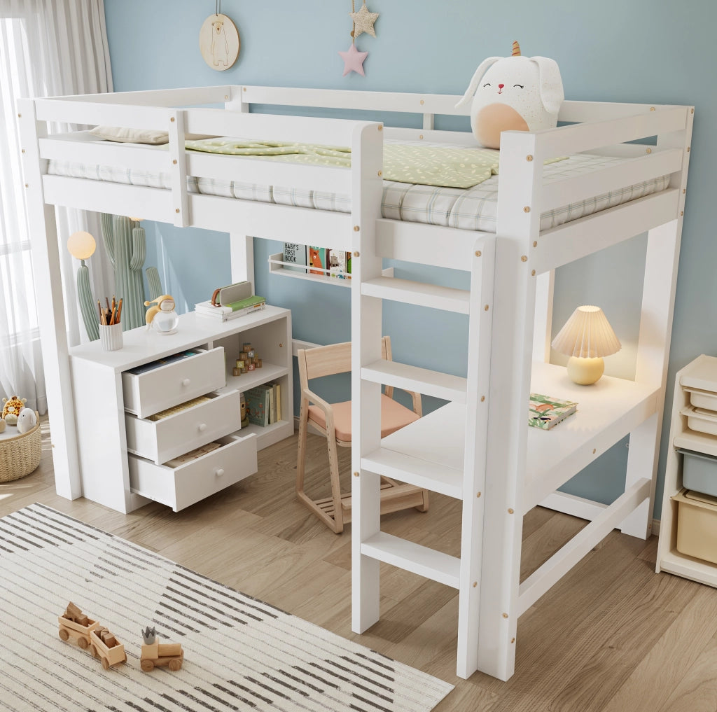 Letto a soppalco per bambini 90x200 cm con scrivania, bianco