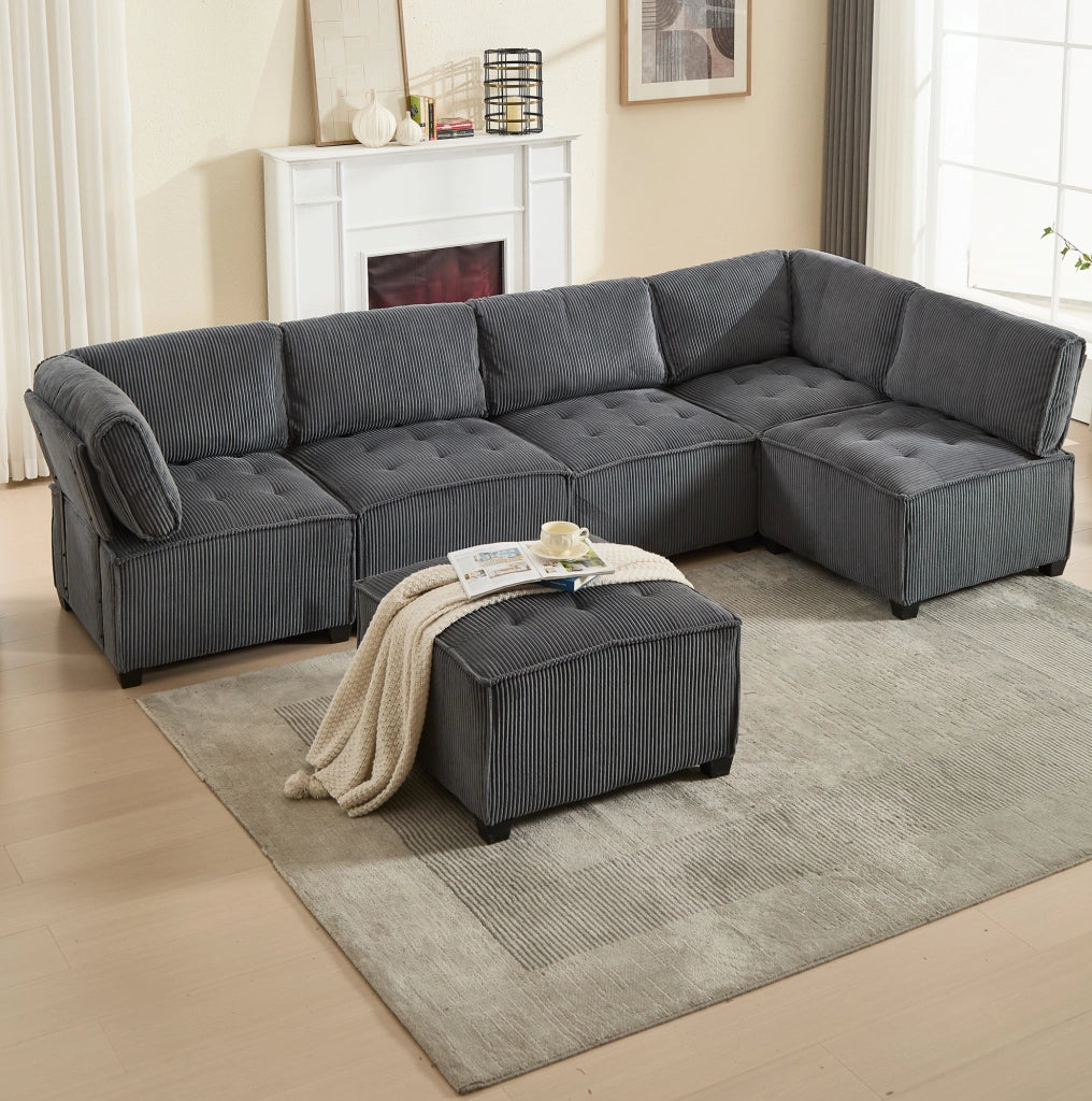 Divano modulare a 6 posti in velluto a coste grigio, 308 x 154 x 81,99 cm