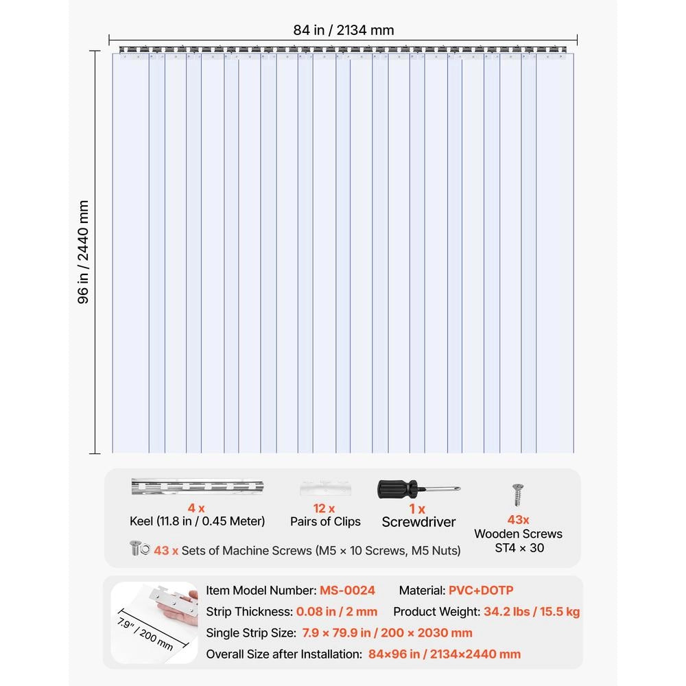 Tenda a Strisce in PVC Trasparente MS-0024, 2,4 x 2,1 m, Spessore 2 mm, 14 Pezzi, Impermeabile e Resistente per Magazzino e Garage