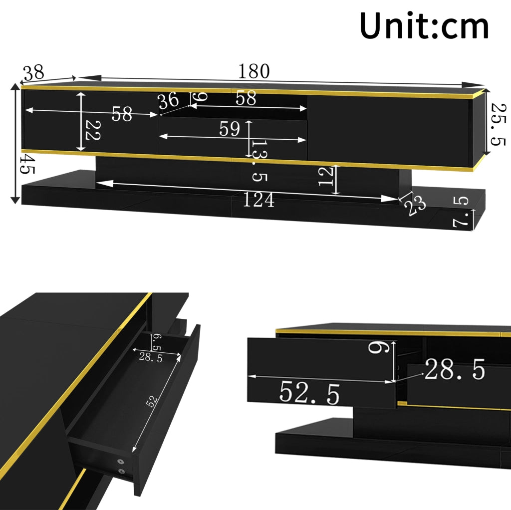 Mobile TV moderno nero lucido con tre cassetti e vano aperto, LED multicolore, 180x38x45 cm