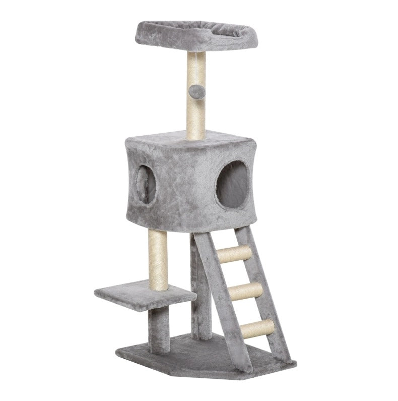 tiragraffi ad albero 120 cm grigio chiaro in peluche con cuccia, piattaforme e sisal
