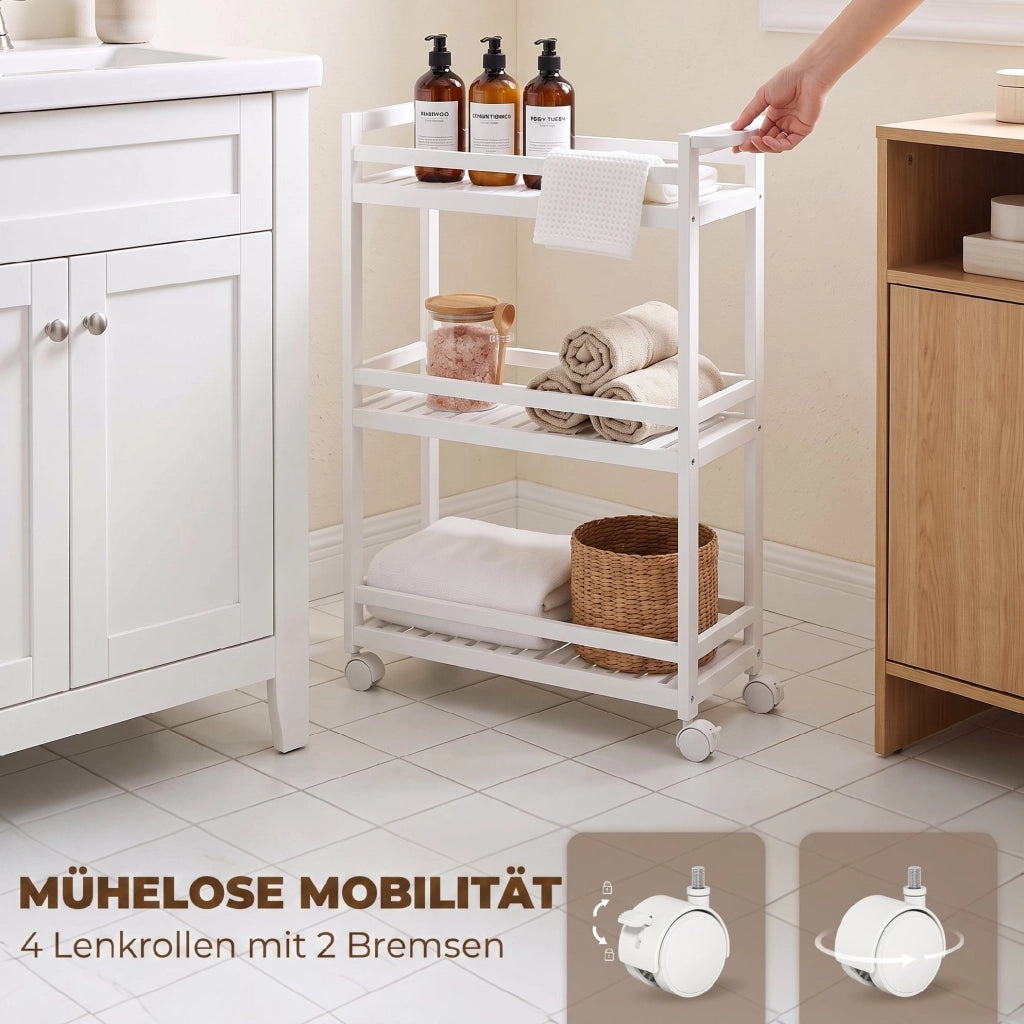 Carrello multiuso in bambù bianco a 3 ripiani con ruote, 55 x 20 x 75 cm