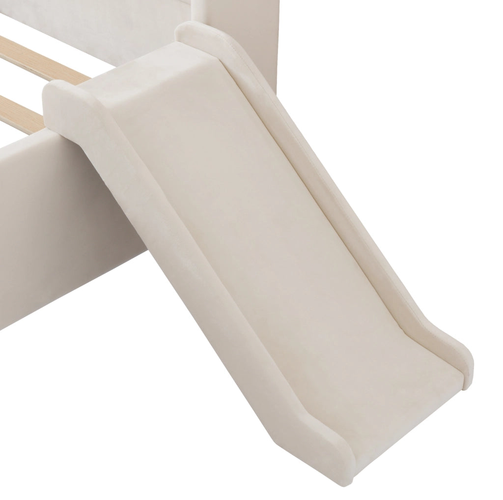 Letto per bambini imbottito beige 140 x 200 cm con scivolo e cassetto