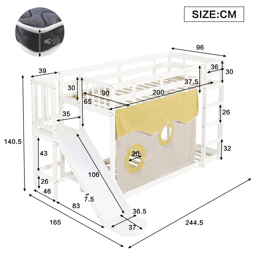 Letto a soppalco per bambini 90x200 cm con scala; scivolo e tende in pino e MDF bianco