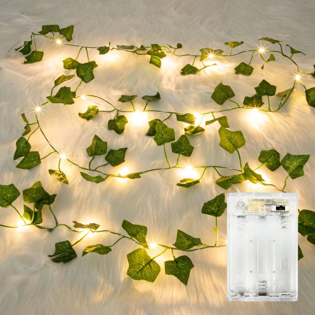 Ghirlanda di edera artificiale con 20 luci a LED, timer, 2 metri, luce bianco caldo