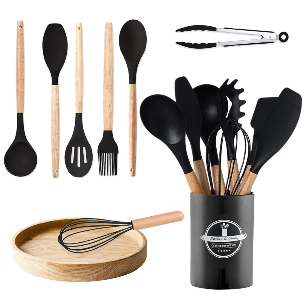 Set di 12 utensili da cucina in silicone nero con supporto
