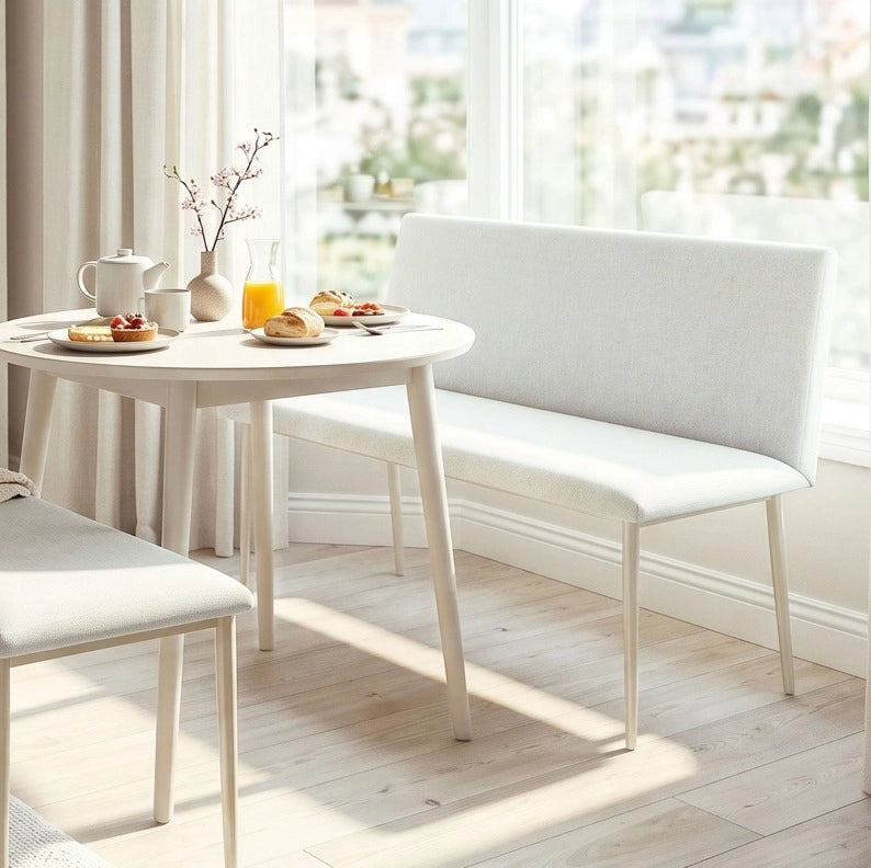 Panca da pranzo a 2 posti beige con schienale e gambe in metallo