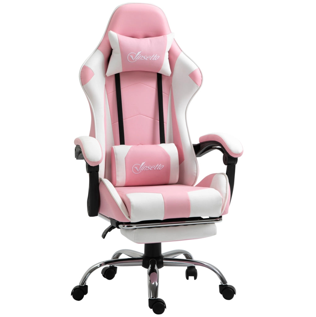 Sedia da ufficio gaming ergonomica rosa e bianca con poggiapiedi