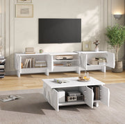 Set soggiorno bianco con mobile TV e tavolino, decoro a rombi