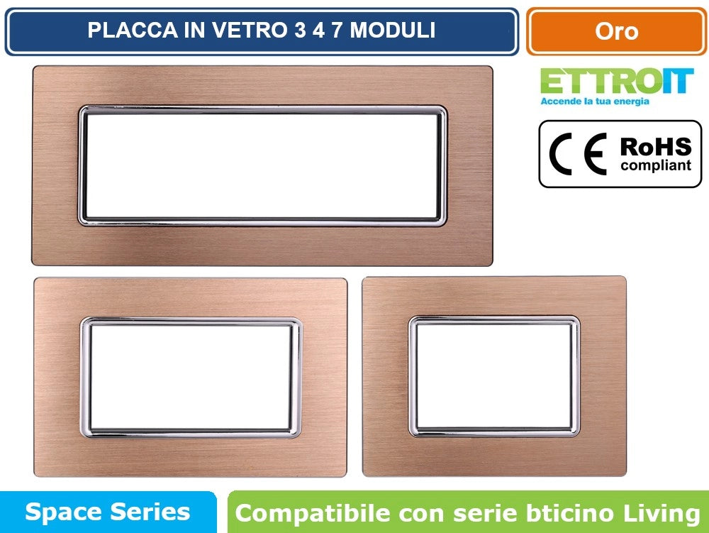 ETTROIT PLACCA IN ALLUMINIO COLORE ORO COMPATIBILE CON SERIE BTICINO LIVING LN86 - Numero Moduli:3 Moduli
