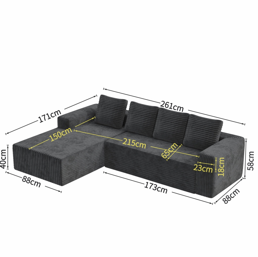 Divano modulare a L con chaise longue in velluto a coste grigio