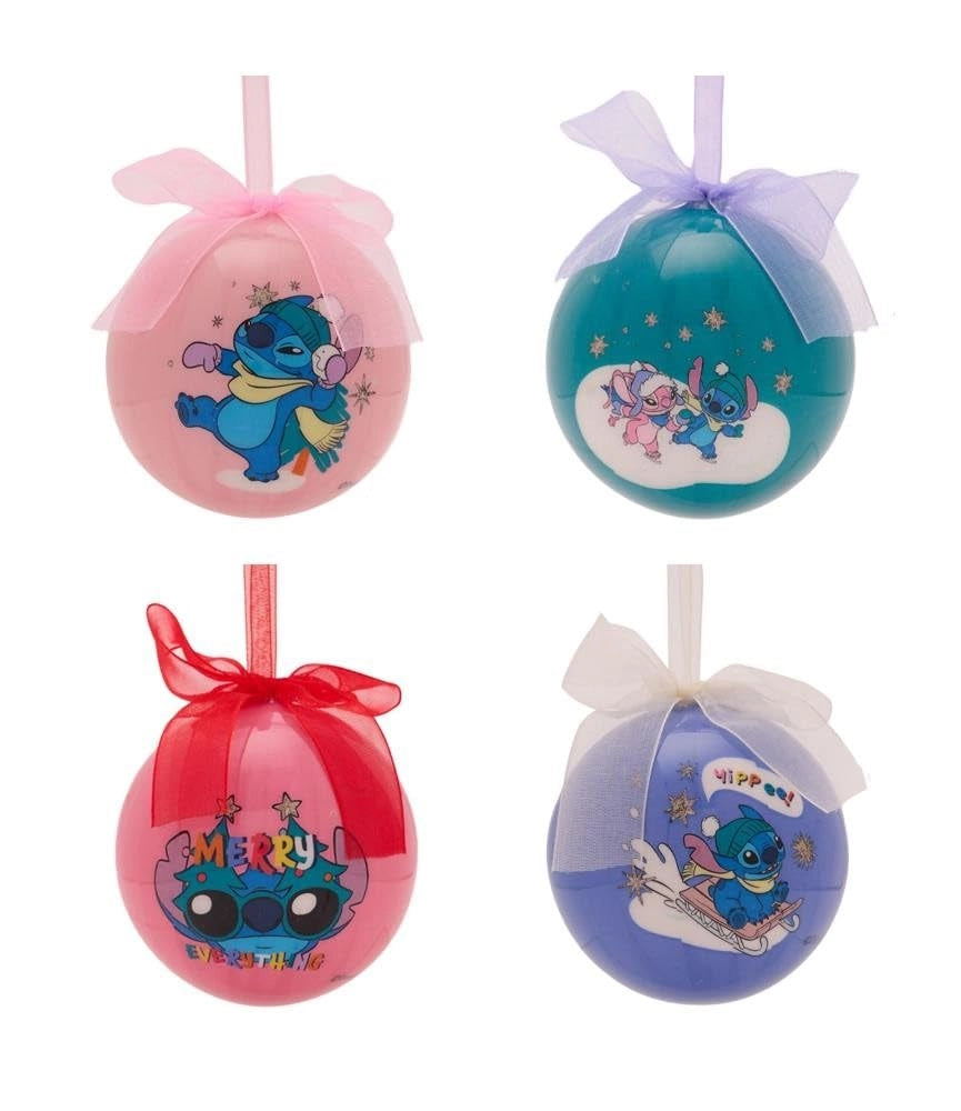 Set di 4 palline natalizie "Stitch" da 80 mm con fiocco