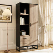 Mobile alto 80x40x180 cm con anta; 2 cassetti e 3 vani in MDF; nero e legno