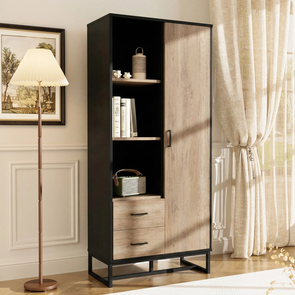 Mobile alto 80x40x180 cm con anta; 2 cassetti e 3 vani in MDF; nero e legno