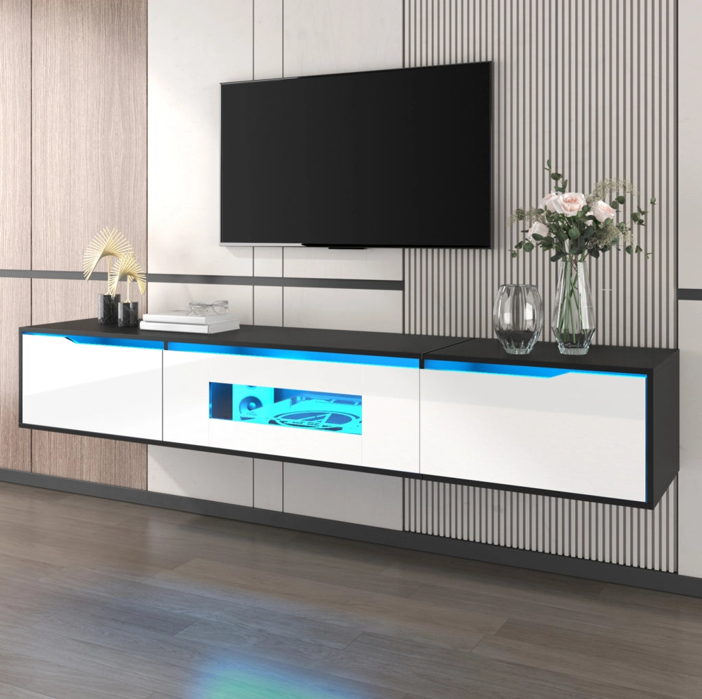 Mobile TV 180x35x30 cm MDF nero/bianco lucido LED USB parete/pavimento