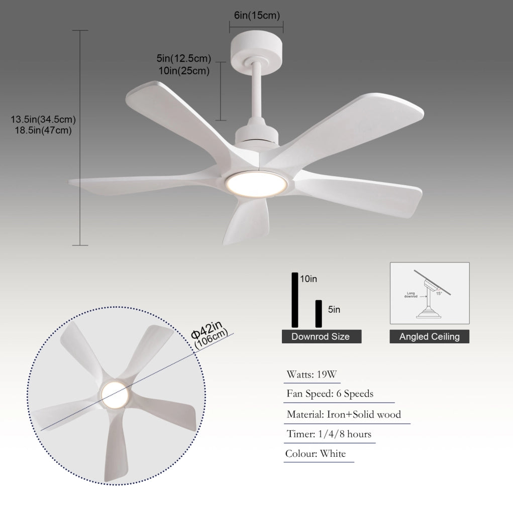 Ventilatore da soffitto bianco con luce e telecomando, 6 velocità