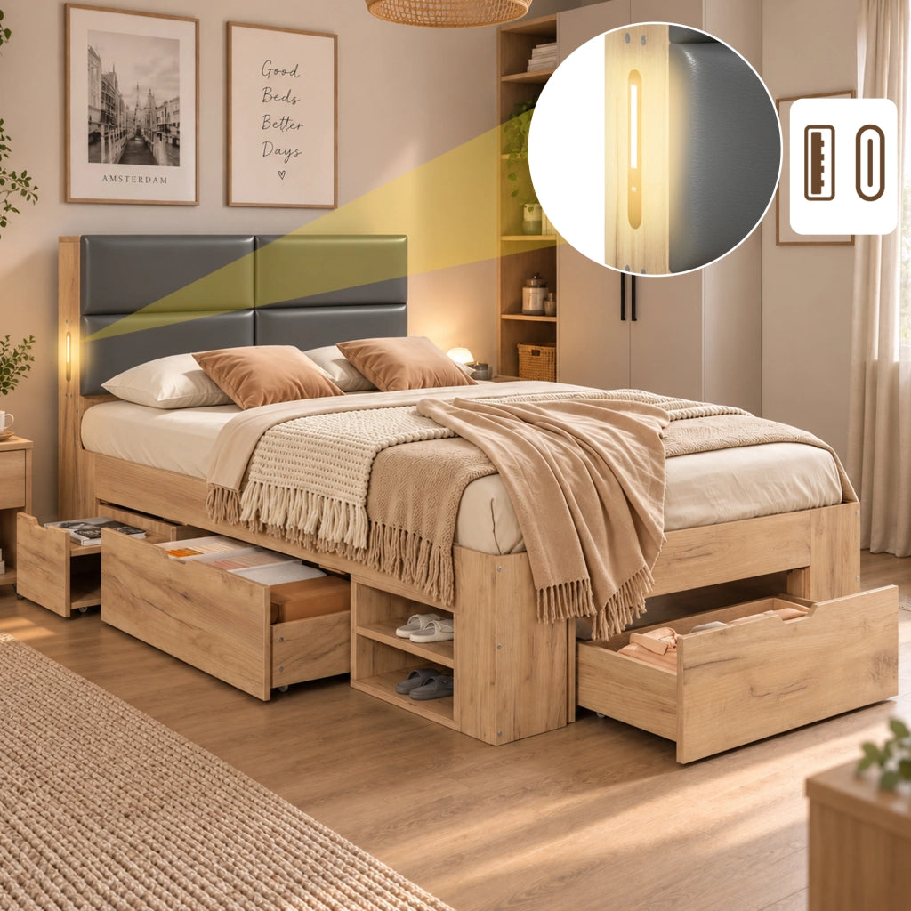 Letto singolo 90x200 cm con cassetti e comodini estraibili; in MDF color naturale per cameretta