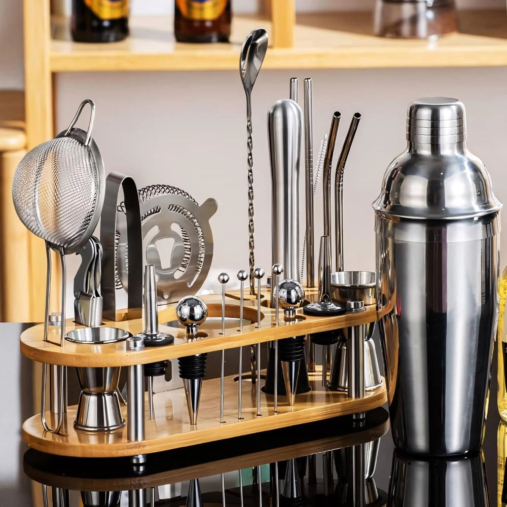Set da bar completo, 24 pezzi, con borsa e supporto in bambù