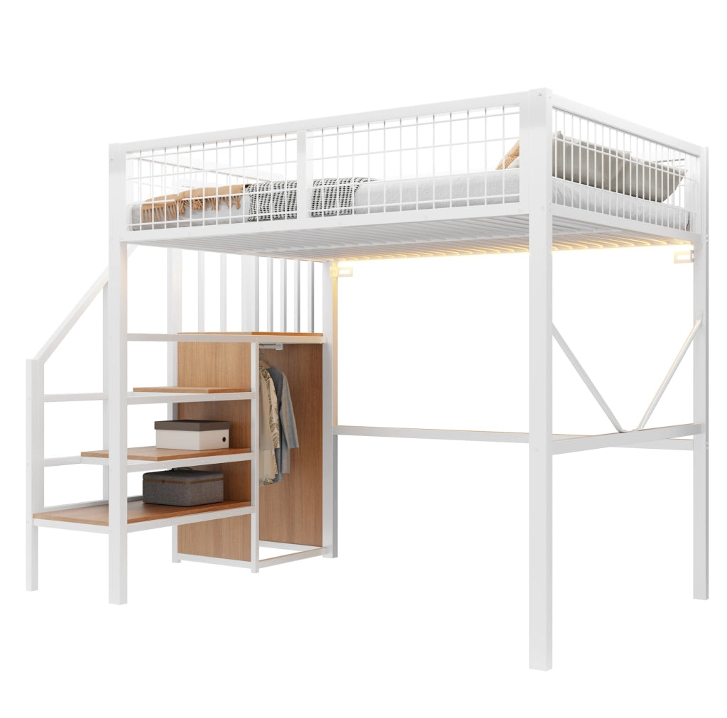 Letto a soppalco 140 x 200 cm bianco con scala contenitore e LED