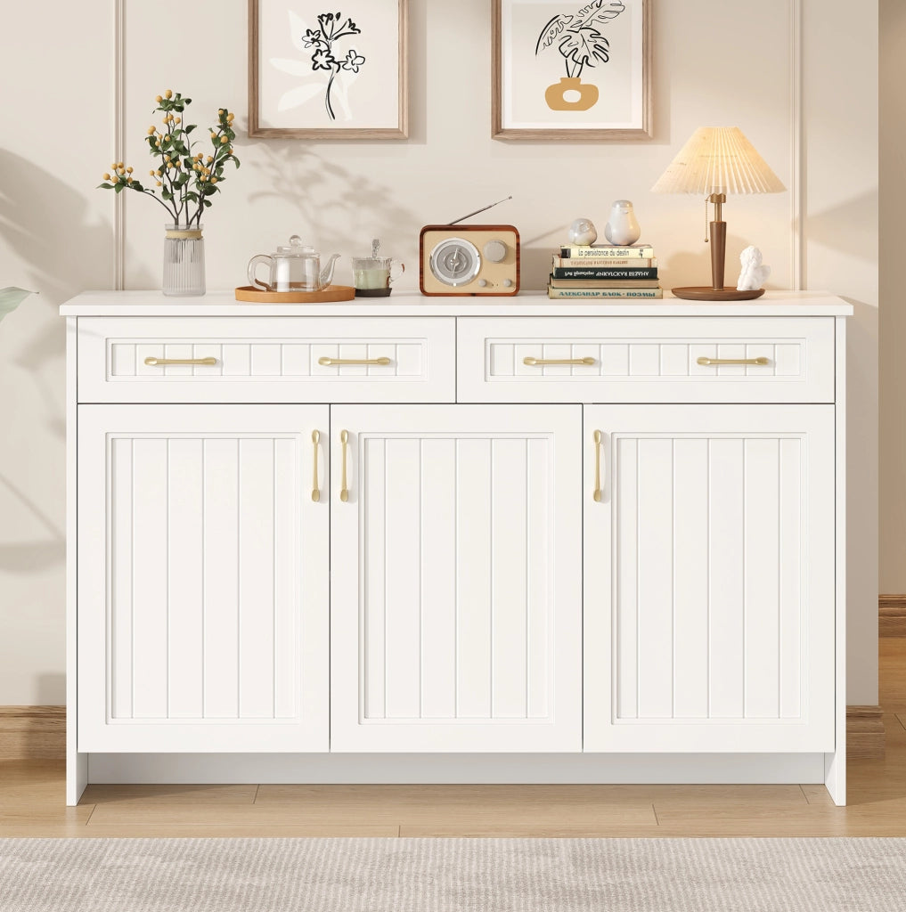 Credenza madia 140x40x90 cm in MDF; con 3 ante e 2 cassetti; con ripiani regolabili; per soggiorno; bianca