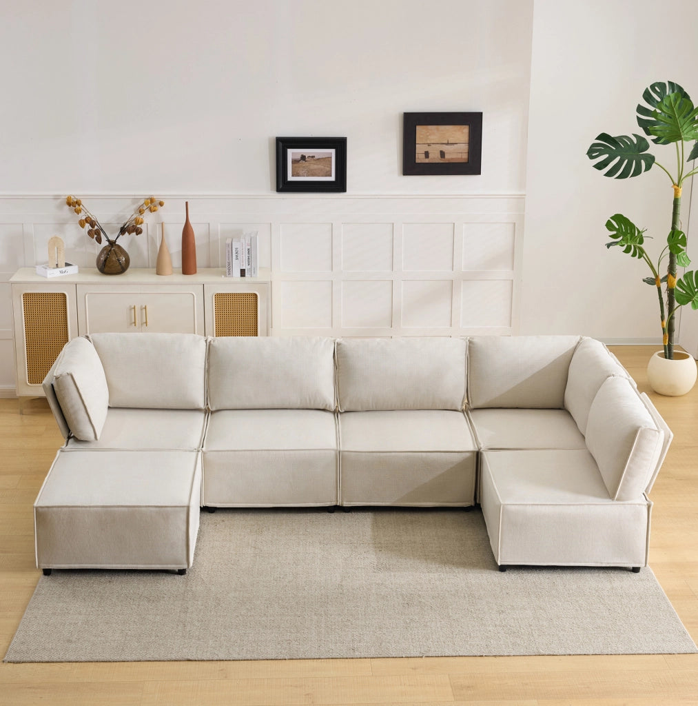 DIVANO angolare modulare 308x152x77 cm a 6 moduli beige con struttura in legno