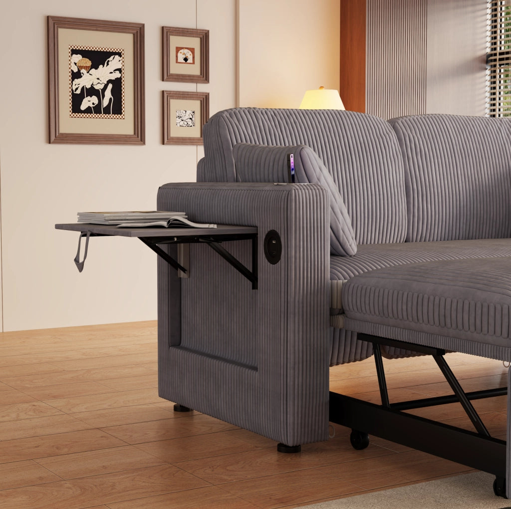 Poltrona letto 3 in 1 in velluto a coste grigio con USB